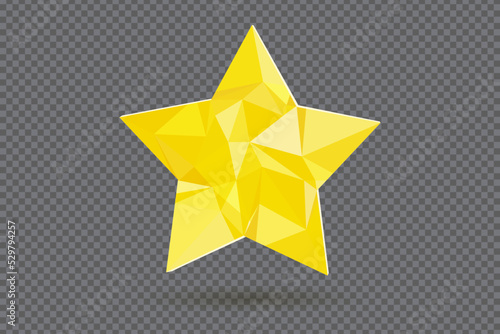 Flat polygonal star of golden yellow color. Lowpoly star icon with gold gradient. Decorative polygonal star constructed of chaotic yellow triangles. Realistic 3d vector illustration design