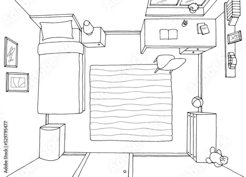 Children room top aerial graphic black white home interior sketch illustration vector 