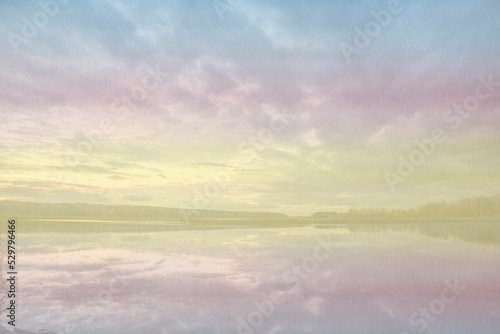 Sunset on the lake. Landscape photo and watercolor background collected in a collage.