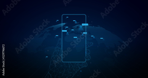 Smartphone with social media communication on a world map background. Technology connection concept. Vector illustration