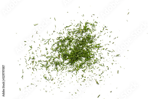 Pile of dry dill isolated on white background, top view. Heap of dry dill isolated on white. Dried fennel, crushed dill powder. Green ground dried dill isolated on white background, top view.