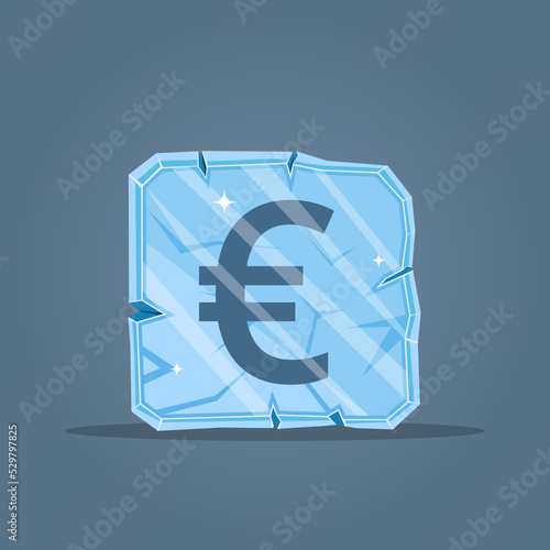 A piece of ice with a frozen euro. The concept of the energy crisis in Europe. Coming winter. Rising energy prices. Problems with heating houses.