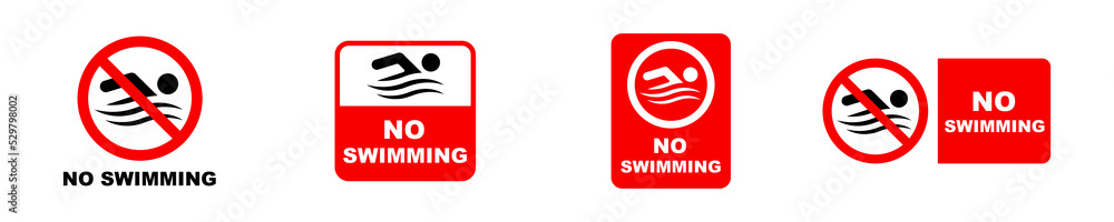 Set of no swimming vector sign. Red forbidden sign for swimmer. Warning signboard. Set of no swimming vector sign. Red forbidden sign for swimmer. Warning signboard.