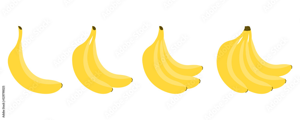 Set of bananas flat vector illustration. Fresh sweet yellow fruit. Banana bunch on white background. Ripe tropical food. Set of bananas flat vector illustration. Fresh sweet yellow fruit. Banana bunch on white background. Ripe tropical food.