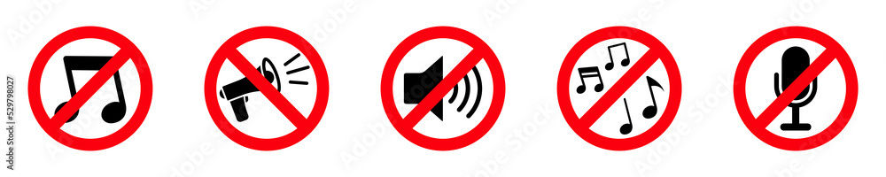 Set of no music, sound, audio vector signs. No noise, disturb or loudly. Red prohibition sign. Set of no music, sound, audio vector signs. No noise, disturb or loudly. Red prohibition sign.