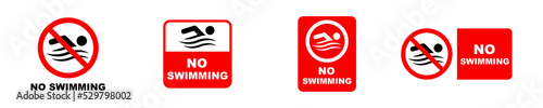 Set of no swimming vector sign. Red forbidden sign for swimmer. Warning signboard. 