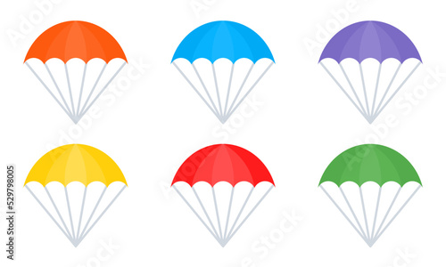Set of parachute flat vector icons. Open parachute. Risk flying. Vector 10 EPS.