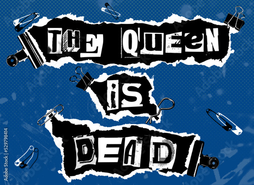 The Queen is Dead. Lettering font study in the style of punk aesthetic on deep blue background.
