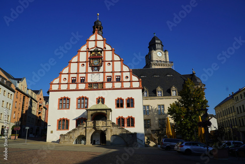 Historical town hall with renaissance gable, multifunctional clock, sun dial. Plauen city, Vogtland district, Saxony, Germany. photo