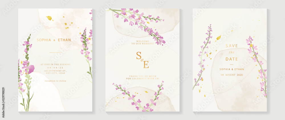 Luxury botanical wedding invitation card template. Minimal watercolor card with leaves branches, foliage, wildflowers. Elegant blossom vector design suitable for banner, cover, invitation.
