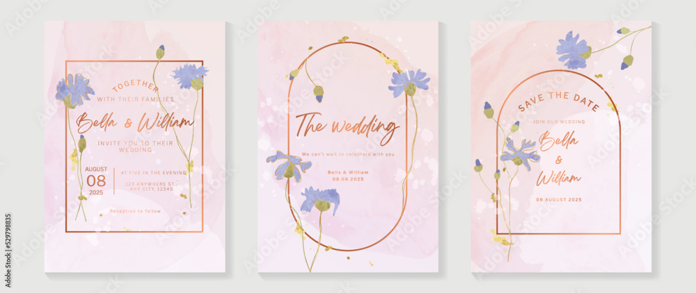 Fototapeta premium Luxury botanical wedding invitation card template. Minimal watercolor card with leaves branches, foliage, wildflowers, bloom. Elegant blossom vector design suitable for banner, cover, invitation.