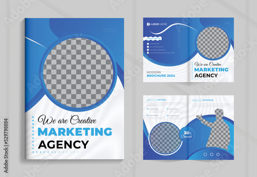 We are creative marketing agency corporate business company profile bifold brochure design template     with modern style and clean concept use for business proposal magazine catalog layout design