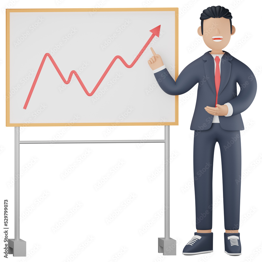 Businessman presenting growth chart 3d character illustration Businessman presenting growth chart 3d character illustration