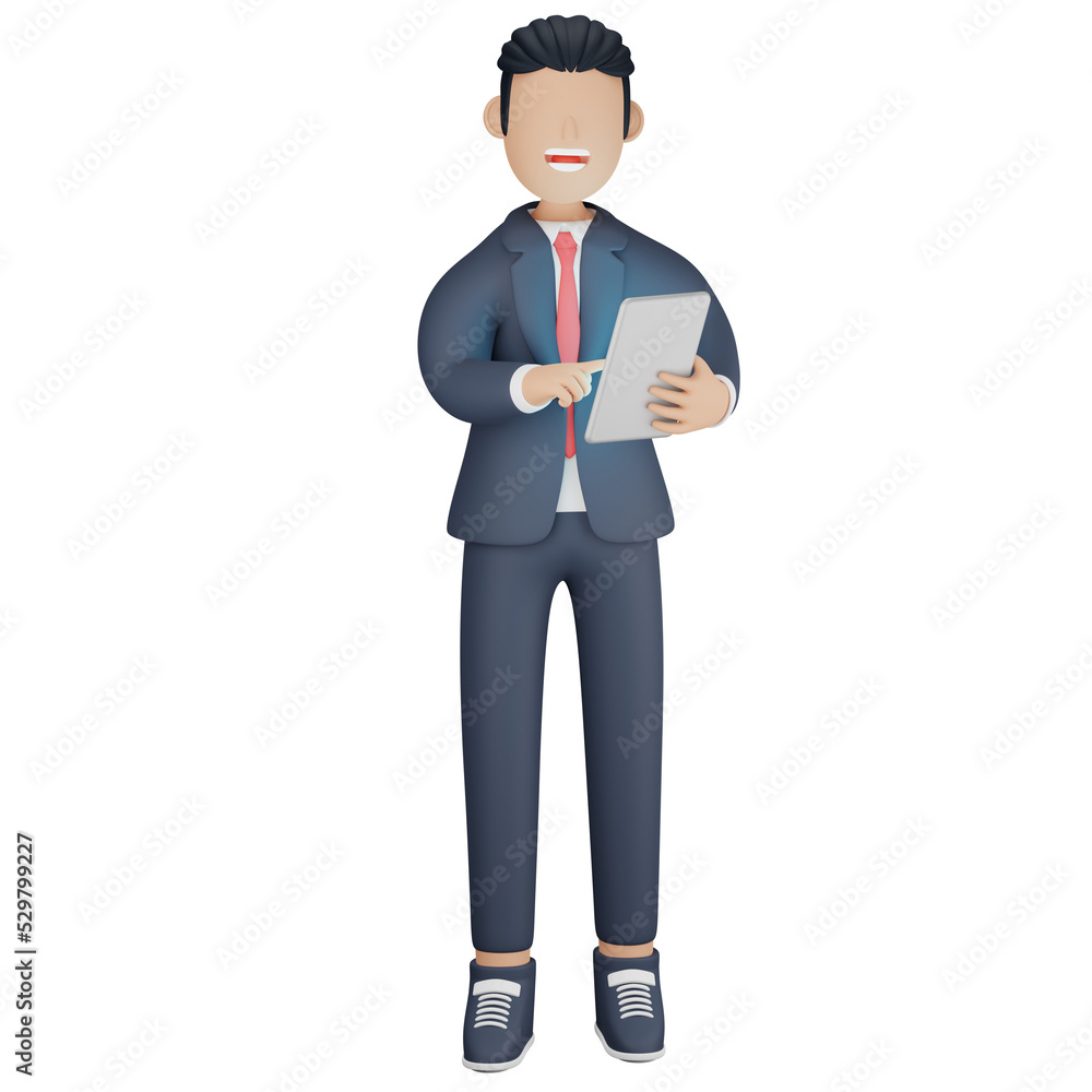 Businessman checking tablet 3d character illustration