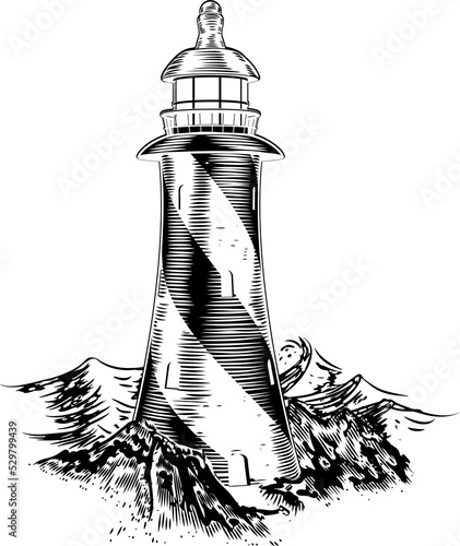 Woodblock style lighthouse