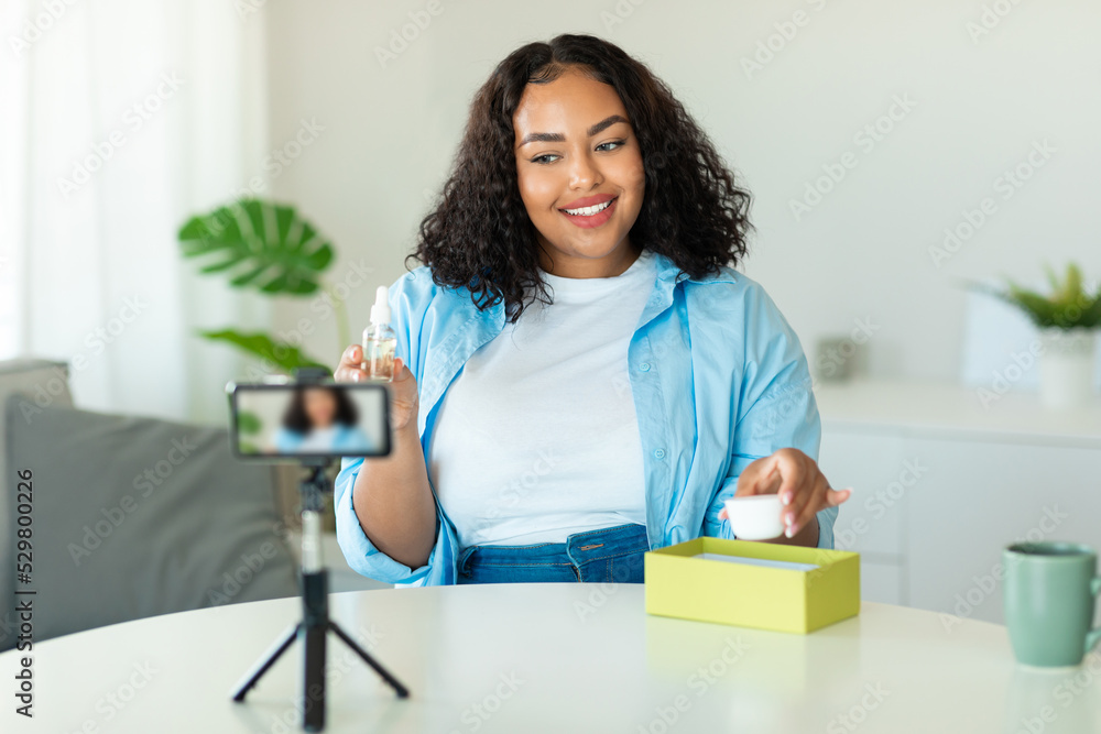 African American Woman Blogger Lady Making Video Via Smartphone Indoors African American Woman Blogger Lady Making Video Via Smartphone Indoors