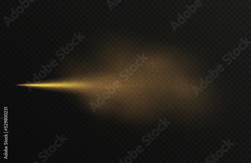 Golden spray mist with glitter particles, fashion shimmer freshener with haze isolated on a dark background. Realistic vector effect. Luxury scent template.