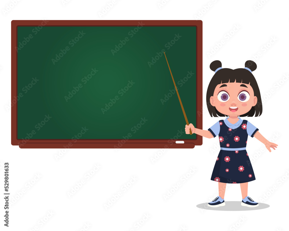 Child stands with a pointer near the blackboard. Vector illustration