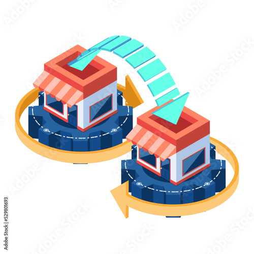 Isometric B2B Store on Gear with Exchange Icon