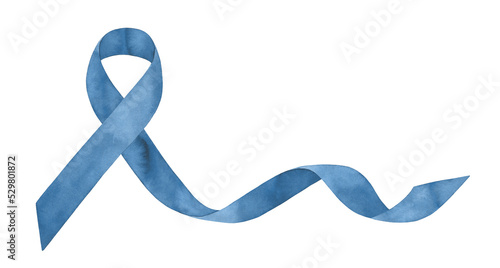 Watercolour illustration of Colon Cancer Awareness dark blue ribbon. Hand painted water color graphic drawing on white backdrop, cut out clip art element for design, banner, print, poster, template.