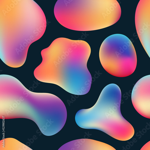 Abstract 3D vibrant color fluid bubbles shapes seamless pattern on black background