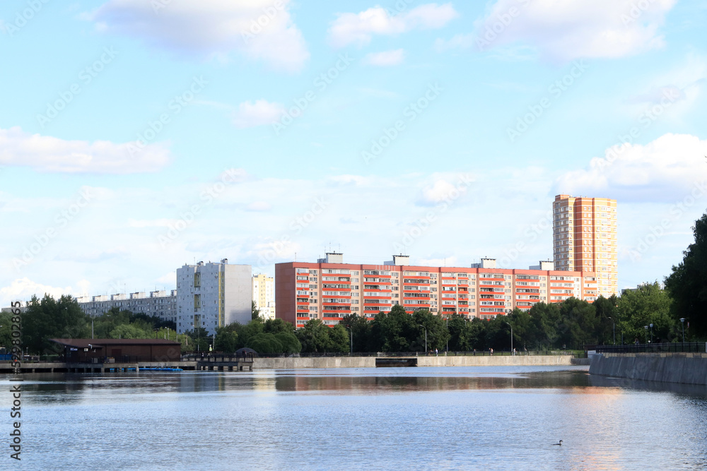 high-rise buildings on the banks of the pond in Moscow