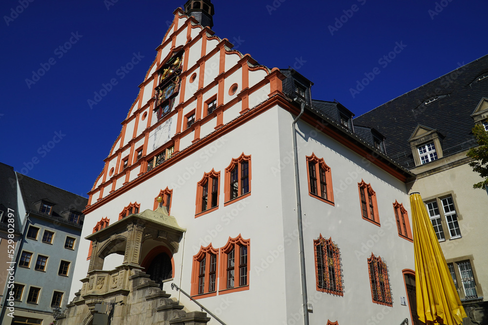 Historical town hall with renaissance gable, multifunctional clock, sun dial. Plauen city, Vogtland district, Saxony, Germany.