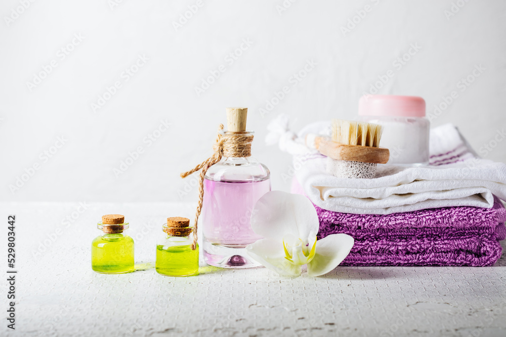 Essential oils, perfumed water in glass bottles. Essential oils, perfumed water in glass bottles.