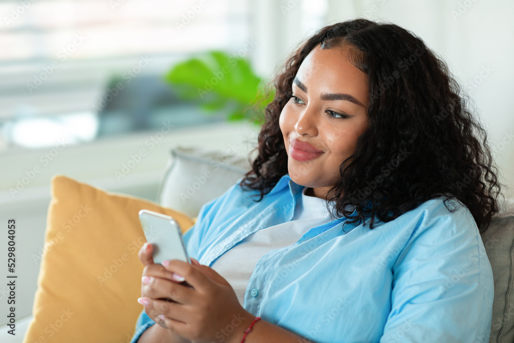 Happy African American Female Using Smartphone Texting At Home Happy African American Female Using Smartphone Texting At Home