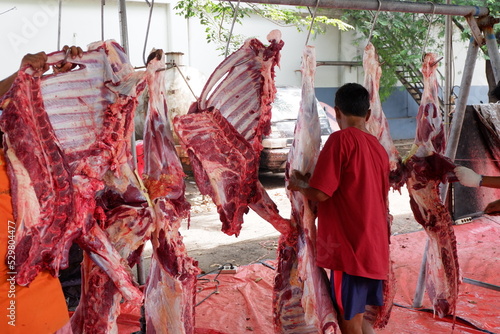 East Jakarta, Indonesia - July 11, 2022:  Man wearing a red shirt is cutting beef at the slaughter in idul adha