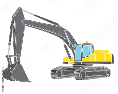 Excavator with a raised bucket in isolate on a white background.Construction machinery. Vector illustration.