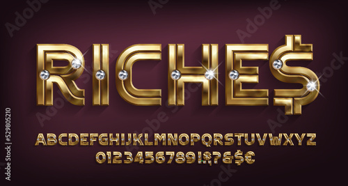 Riches alphabet font. Golden metal letters and numbers with diamonds. Stock vector typeface for your design.