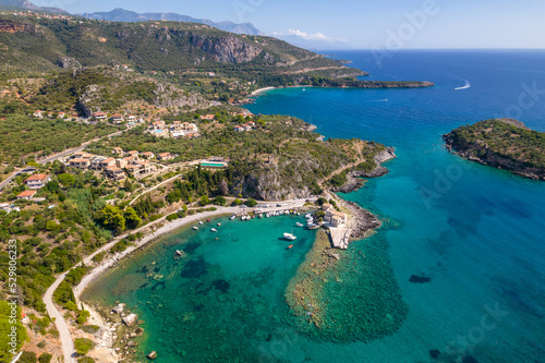 Aerial drone photo of the picturesque Kardamili village  in Messinian Mani, Peloponnese, Greece © valantis minogiannis