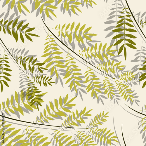 Vector drawing on a light background. Seamless pattern. Branches with olive-colored leaves with shadow.