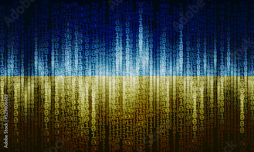 Binary code pattern in blue and yellow colors of flag of Ukraine. Cyberspace, technology and information concept.