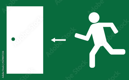 Icon of person running towards the exit door. Green emergency exit door icon for poster, sticker, design element, banner, symbol, template, web, application, print.