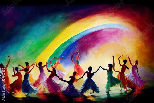 illustration people dancing under a rainbow