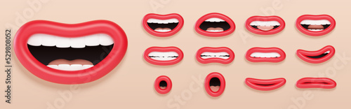 3d Lip sync character mouth animation. Lips sound pronunciation chart. Lip sync for cartoon talking. Cartoon talking mouth and lips expressions. Vector illustration