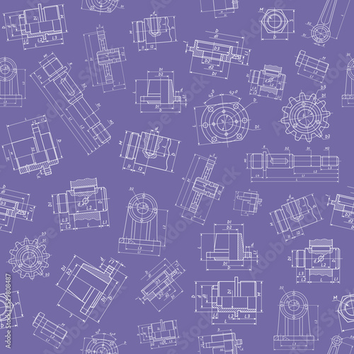 Technical drawing, unique machine details. Seamless pattern (violet).