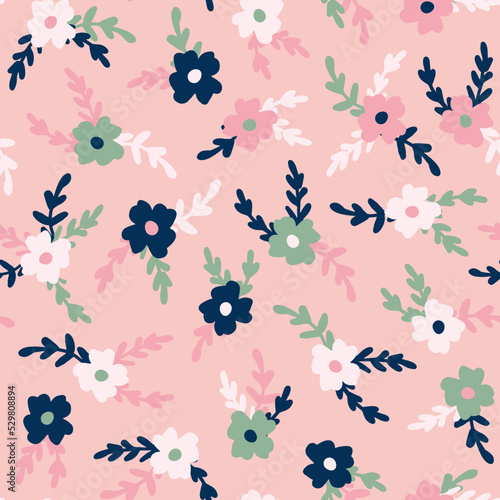 Romantic flowers with leaves seamless repeat pattern. Random placed  vector florals all over print on pink background.