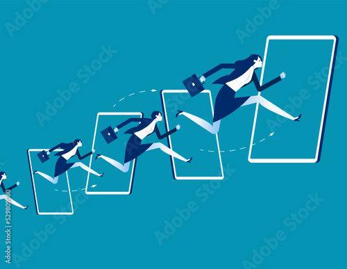 People jumping between mobile devices. Business telecomunication and tecnology vector