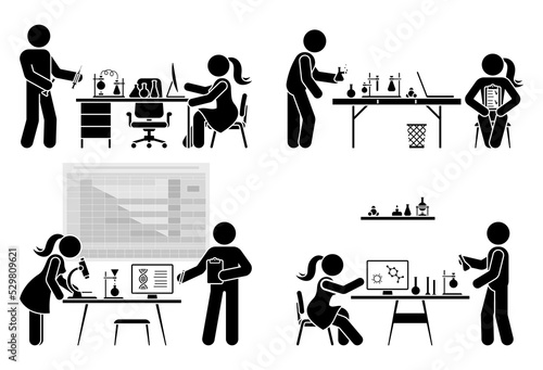 Stick figure male and female chemist making scientific research in chemistry laboratory class room vector illustration icon pictogram set