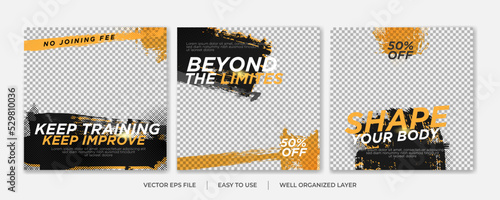Set of Gym Fitness social media post design template. Suitable for social media, flyers, banner, and web internet.