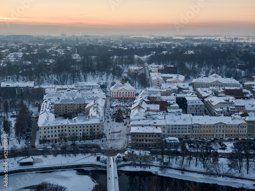 An aerial view of the city of Tartu, Estonia, on a winter day. photo