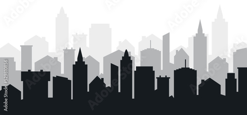 Cityscape. Cartoon urban skyline. City panorama  landscape  street  flat and office buildings. Wide horizontal panorama. Drawing silouette town view sky. Skyscrapers