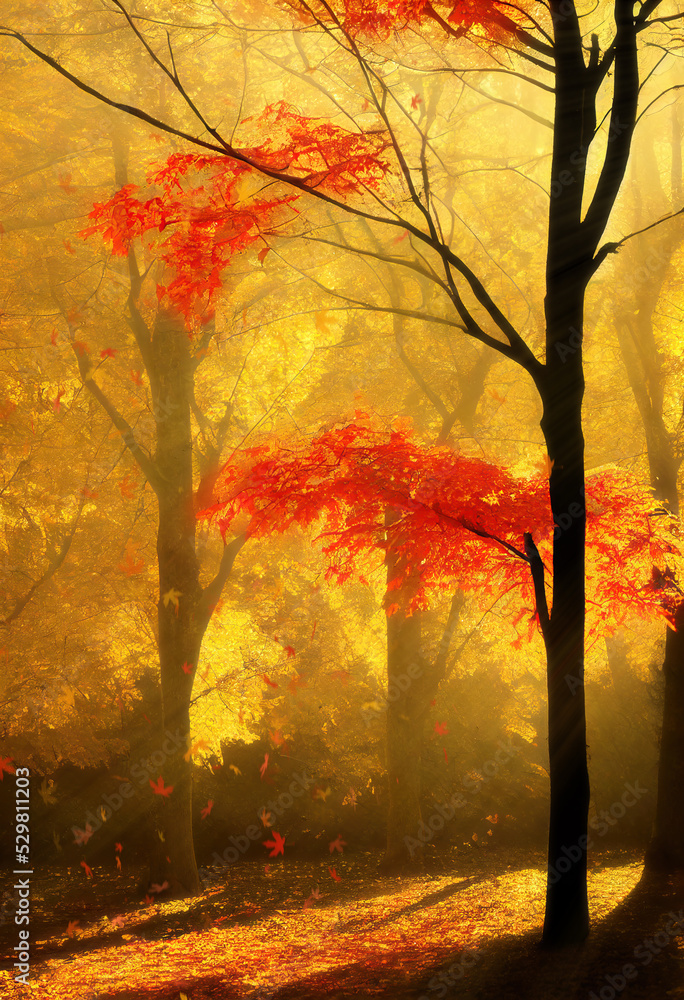 Colorful maple trees, sunlight shining through red and yellow foliage, vertical format. Generative AI illustration