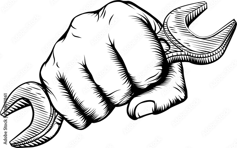 Woodcut Fist Hand Holding Spanner Wrench Woodcut Fist Hand Holding Spanner Wrench