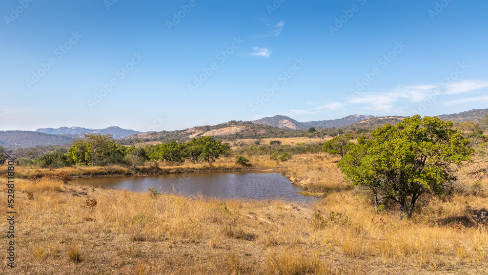 Obraz premium Small dam with view into the hills across the wetland, Mbombela, South Africa.