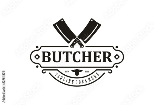Vintage Butcher shop label logo design. Crossed Cleaver Knife with Angus Head icon vector design