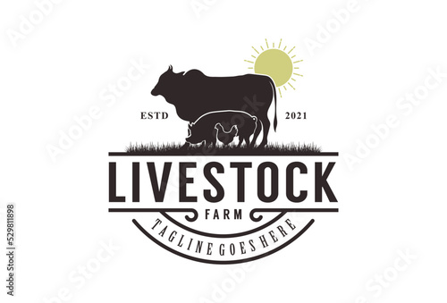 Retro Vintage Livestock logo design. Cow, pig and chicken vector illustration